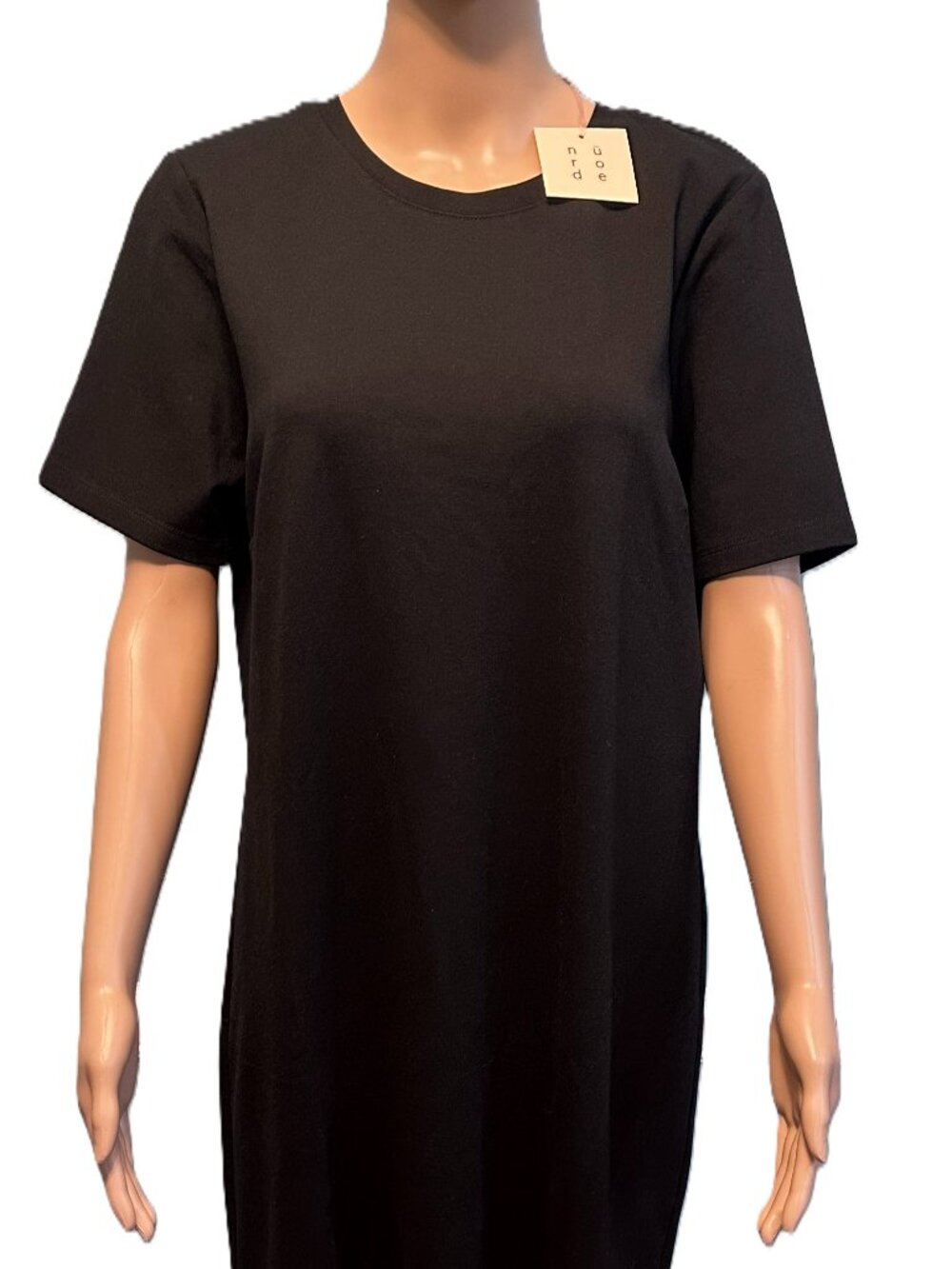 NÜRODE Black Midi T-Shirt Dress Sheer Ruffle Hem Back Zip Like New Large